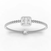 1.08 CT lab grown diamond bracelet in 18K rose gold with braided chain, baguette center, and round halo