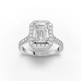 Emerald cut halo lab-grown diamond ring white gold top view