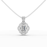 3 ct emerald cut halo lab diamond pendant necklace with vertical center stone, round diamond halo, and diamond-set bail