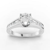 1.46 CT round lab grown diamond ring with 1.00 CT center, baguette accents, pavé diamonds, and split band