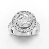 2.75 ct round double halo lab diamond ring with 2 ct center stone and pavé accent band