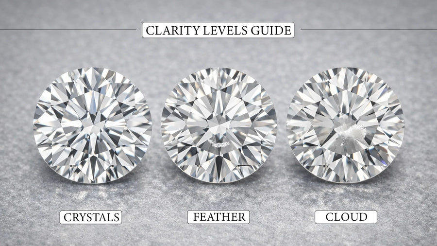 clarity levels guide showing common inclusions like crystals feathers and clouds