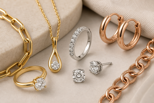 Yellow gold, white gold, and rose gold jewelry arranged on a neutral surface.