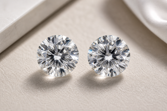Two loose diamonds side by side on a neutral surface under soft lighting