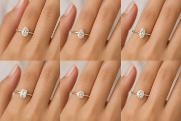 Different diamond ring shapes shown on small hands, including oval, pear, marquise, emerald, round, and cushion