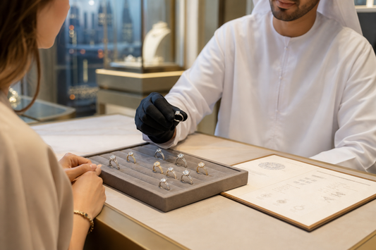 Diamond rings and a grading certificate on a tray in a modern jewelry showroom