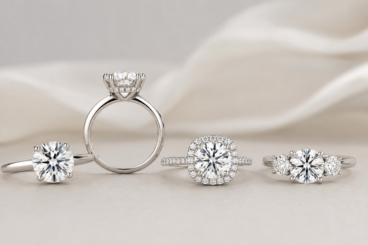 Four lab grown diamond engagement rings in solitaire, hidden halo, halo, and three-stone styles on a neutral surface
