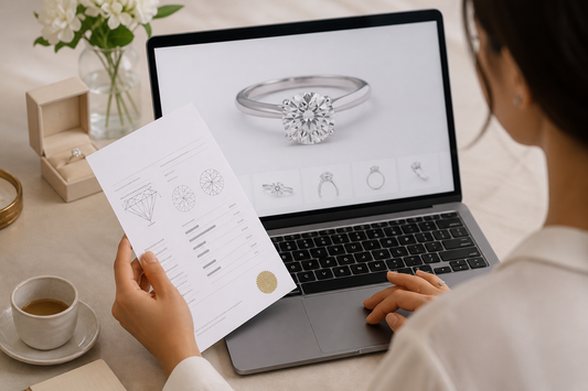 Laptop showing a lab grown diamond ring listing next to a diamond grading report on a desk