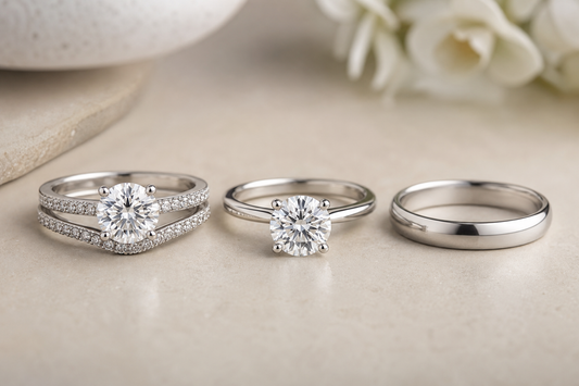 A bridal set next to a separate engagement ring and wedding band on a neutral surface.