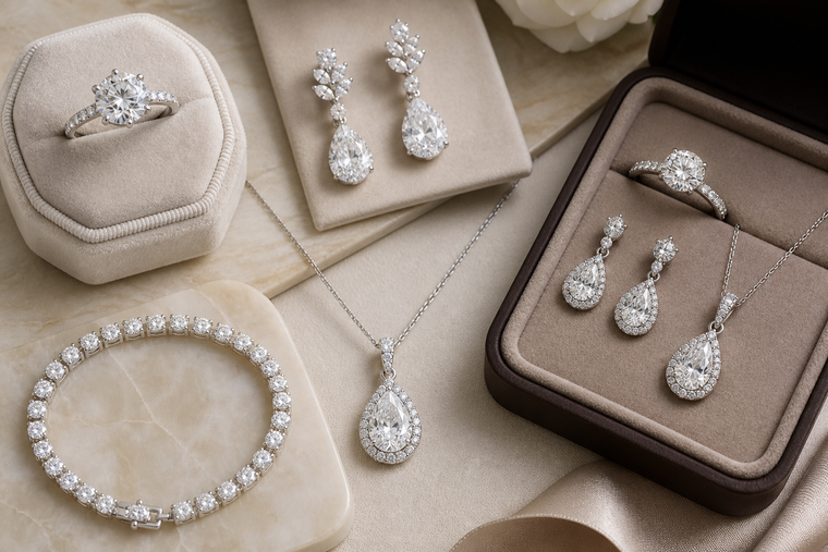 Diamond ring, earrings, pendant necklace, bracelet, and matching jewelry set arranged on a neutral surface