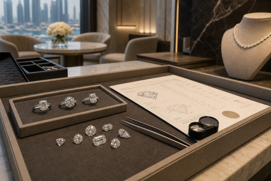 Loose diamonds, diamond rings, and a grading certificate on a jewelry counter in a modern Dubai showroom