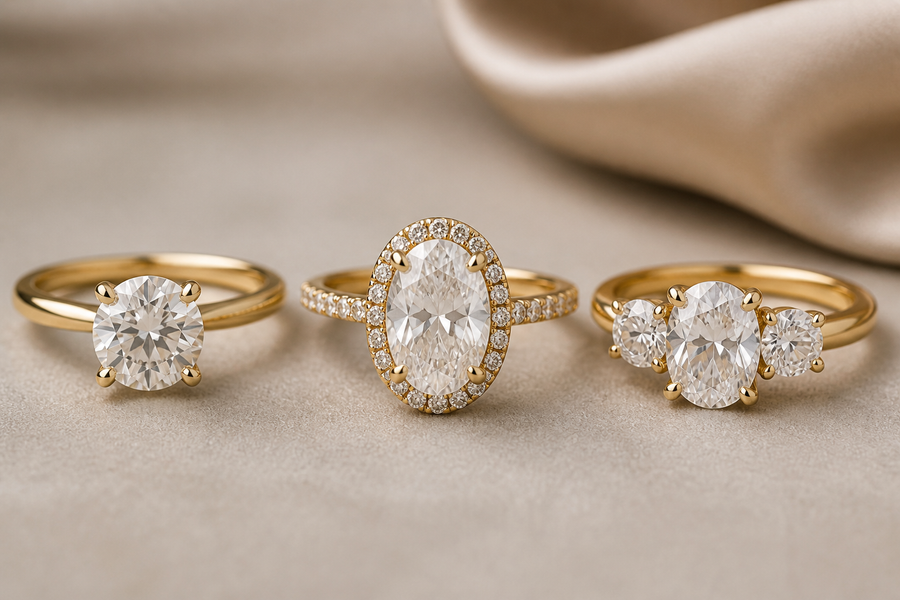 Three diamond rings on a neutral surface, including a round solitaire, an oval halo ring, and a three-stone ring