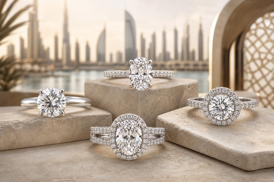 Diamond rings in solitaire, oval, round, and halo styles displayed on a neutral surface