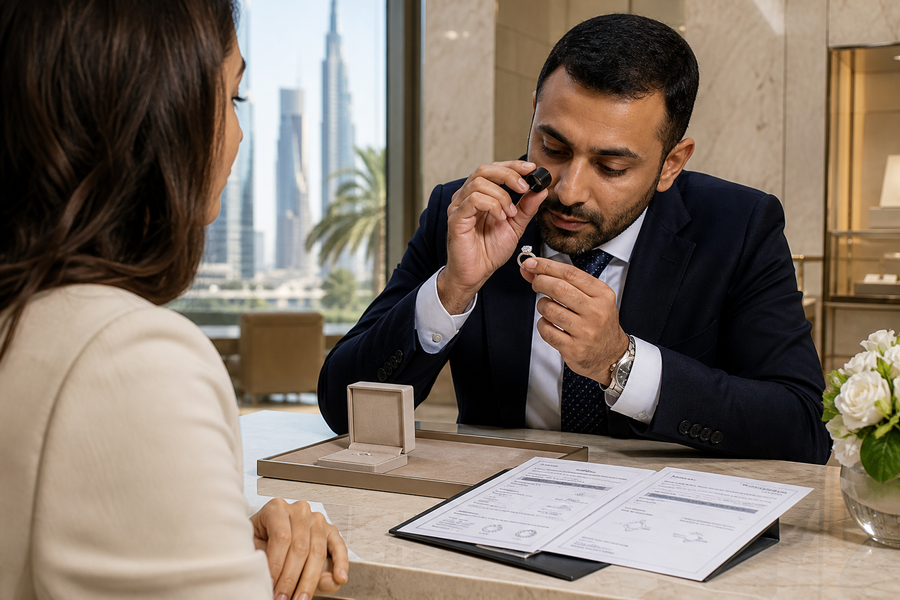 A diamond ring on a jewelry counter beside grading documents during a store consultation.