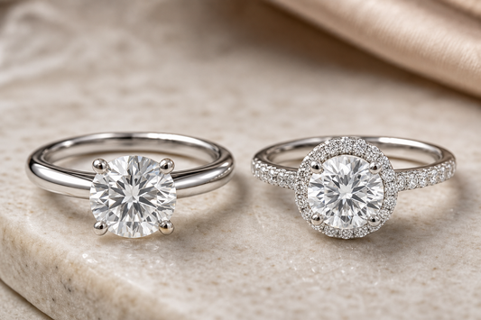 A solitaire engagement ring next to a halo engagement ring on a neutral surface.