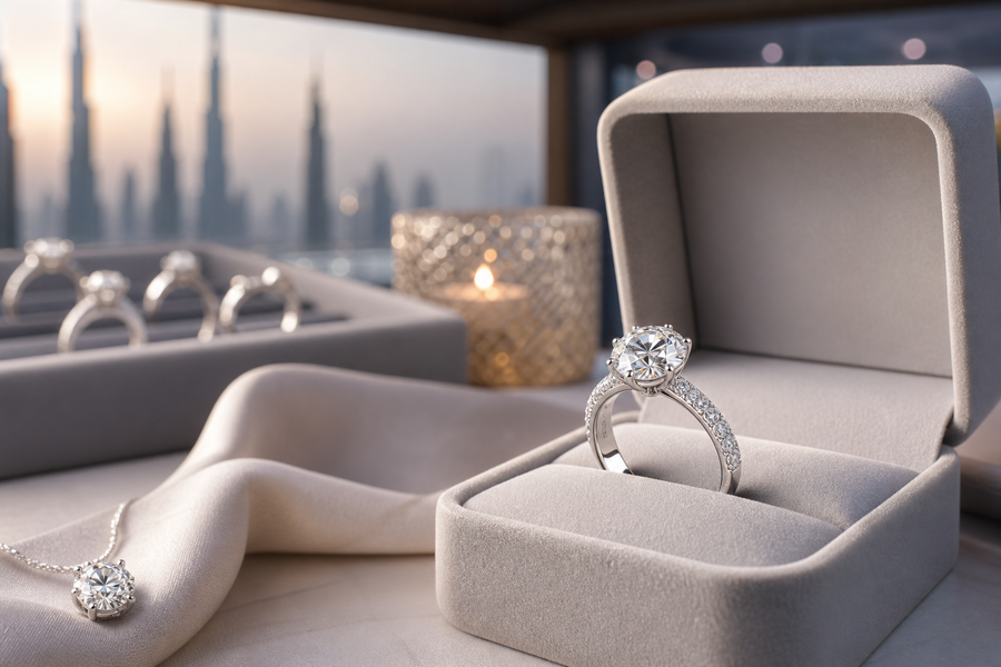 Diamond engagement ring displayed in a refined jewelry setting with soft lighting