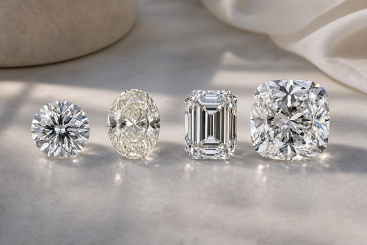 Four loose lab grown diamonds arranged side by side to compare cut, color, clarity, and carat size