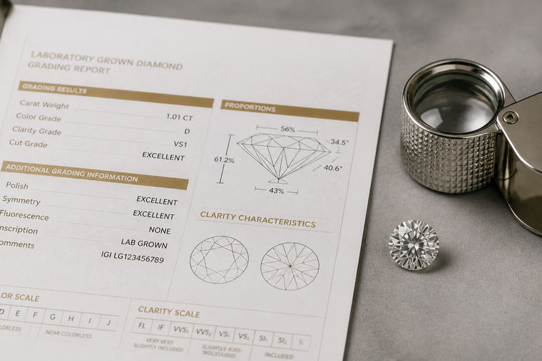 A diamond grading certificate beside a loose diamond and a jeweler's loupe on a neutral surface