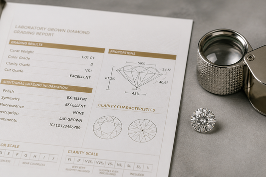 A diamond grading certificate beside a loose diamond and a jeweler's loupe on a neutral surface