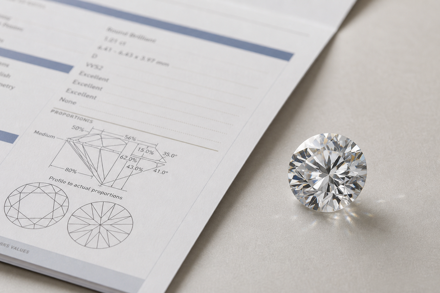 Loose diamond placed beside a diamond grading report on a neutral surface