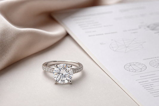 Lab created diamond ring beside a diamond grading report on a neutral surface
