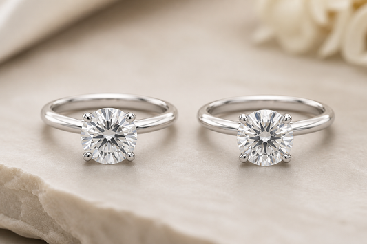 Two solitaire diamond rings displayed side by side on a neutral surface