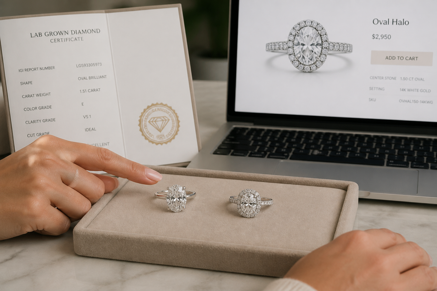 Two lab diamond rings beside a diamond certificate and a laptop showing an online ring listing