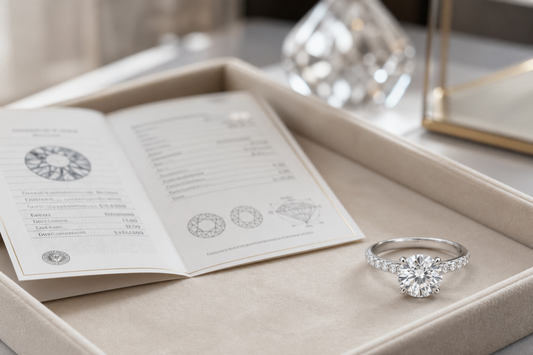 Lab-grown diamond ring beside a diamond grading document on a jewelry tray