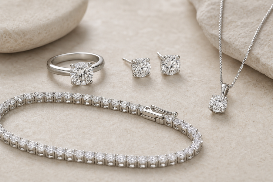 Lab grown diamond ring, earrings, bracelet, and necklace arranged on a neutral surface