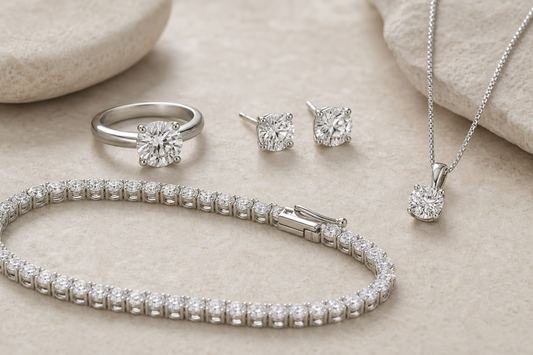 Lab grown diamond ring, earrings, bracelet, and necklace arranged on a neutral surface