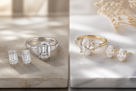 Two diamond jewelry pieces displayed side by side on a neutral surface for a lab grown versus natural diamond comparison