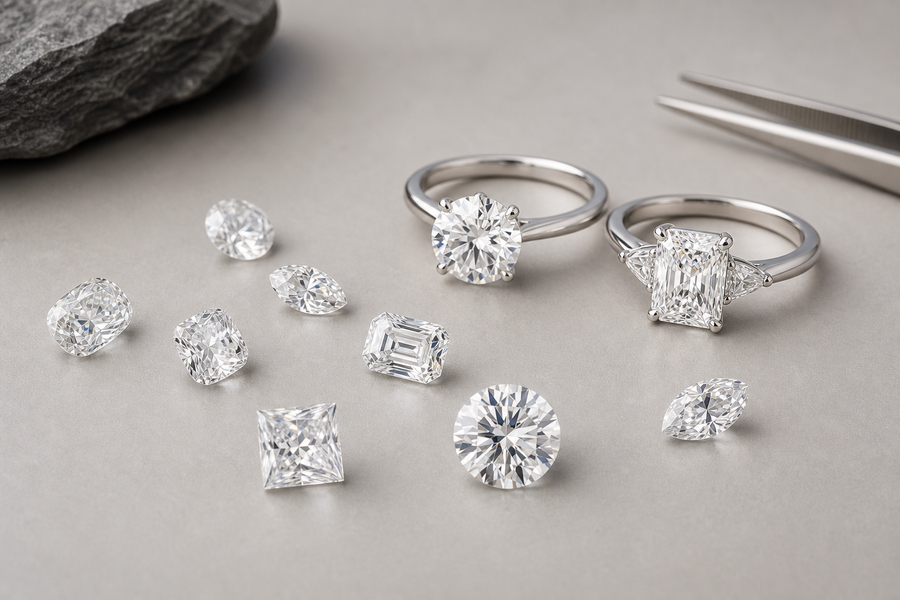 Loose lab grown diamonds next to two diamond rings on a neutral surface