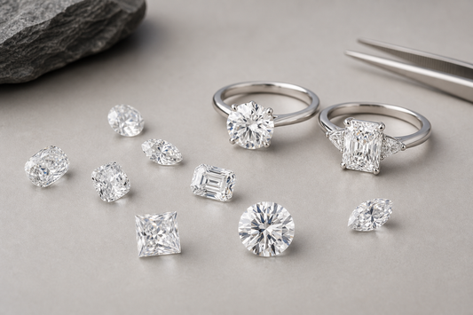 Loose lab grown diamonds next to two diamond rings on a neutral surface