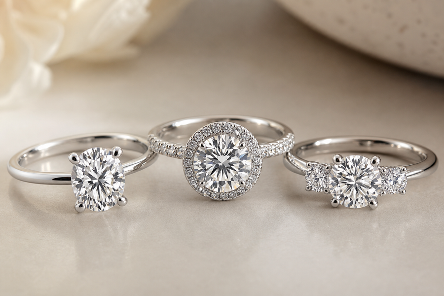 Lab grown diamond rings in solitaire, halo, and three-stone styles displayed on a neutral surface