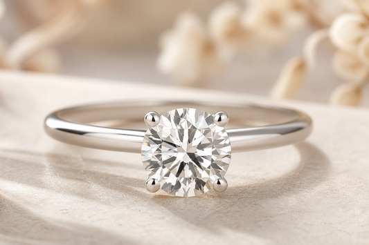 Close-up of a lab grown diamond solitaire ring with a single center stone in a refined setting