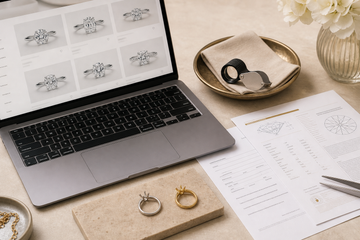 Laptop with diamond ring listings beside grading reports, a loupe, and two ring settings on a neutral surface