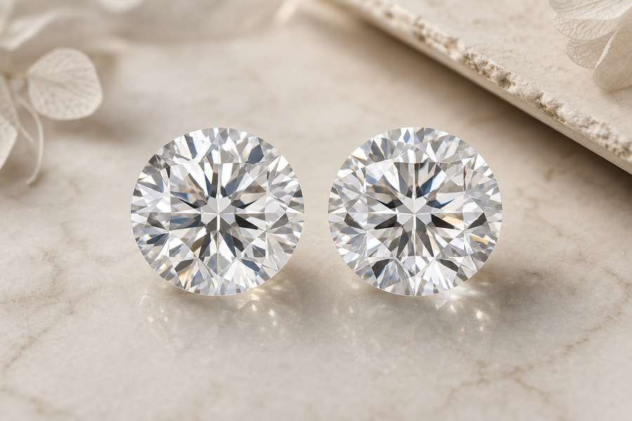 Two loose diamonds placed side by side on a neutral background under soft lighting.