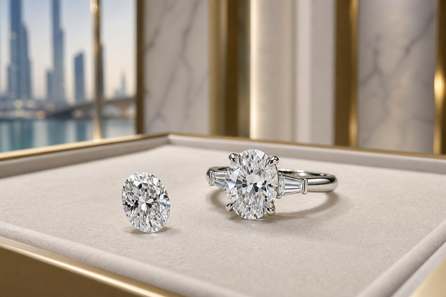 Loose lab grown diamond and diamond ring displayed on a neutral jewelry tray