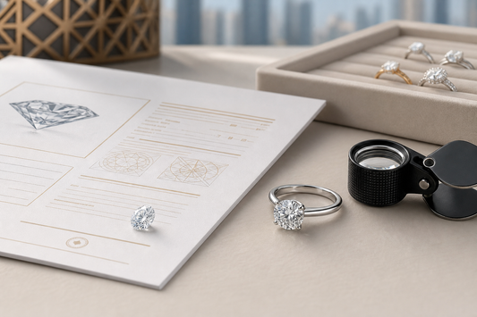 Lab grown diamond ring beside a grading document and loupe on a neutral surface