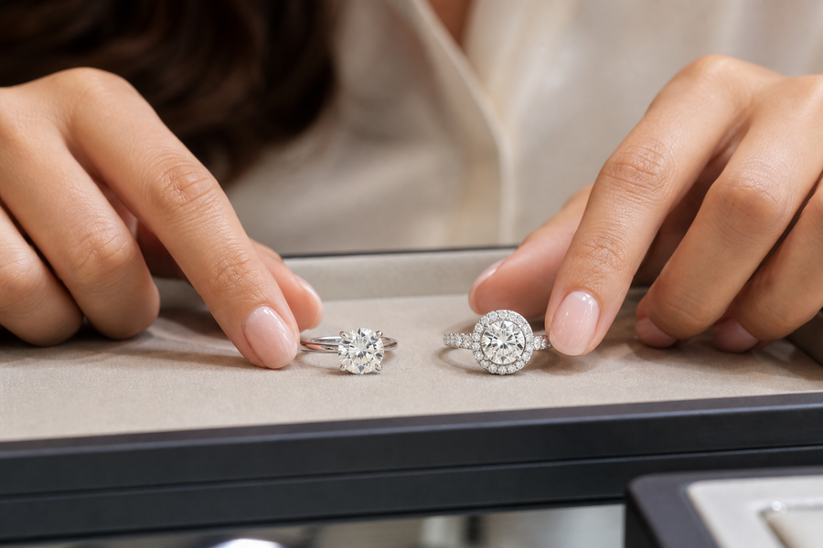 Person comparing two lab grown diamond engagement rings on a jewelry tray in a showroom