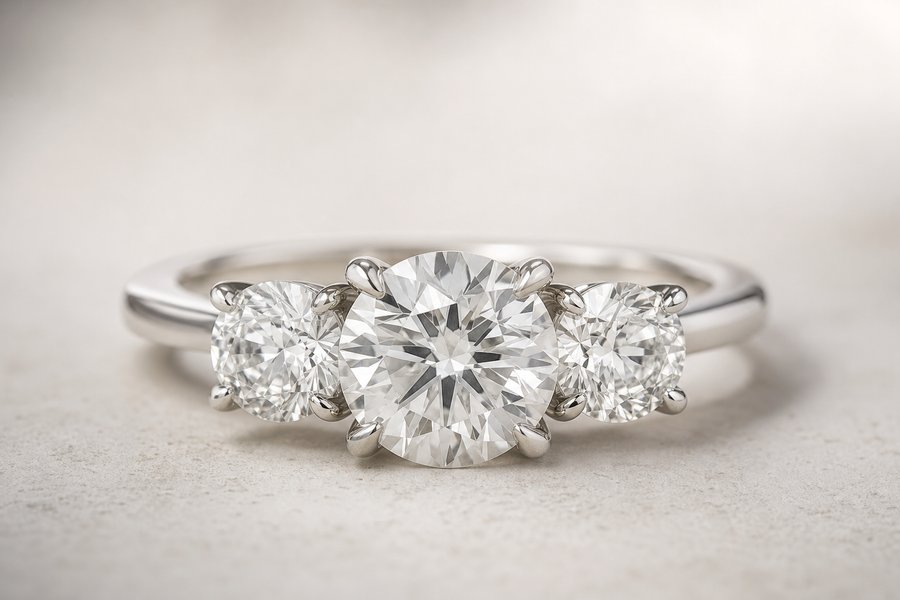 Close-up of a three stone diamond ring with a center stone and two side stones on a neutral surface