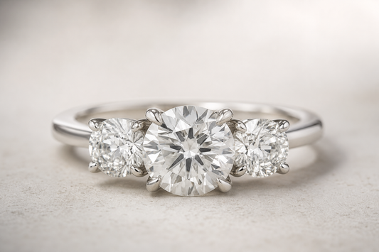 Close-up of a three stone diamond ring with a center stone and two side stones on a neutral surface