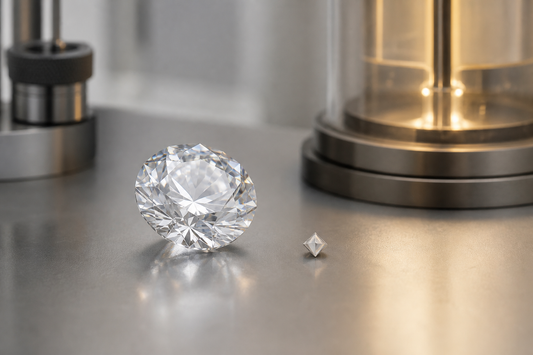 Loose lab grown diamond with subtle laboratory growth elements in the background