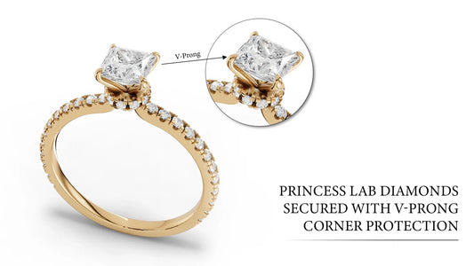 Princess lab diamonds secured with V-prong corner protection