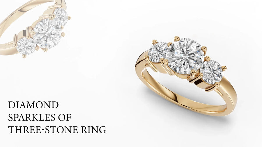 three-stone rings showing ideal center-to-side stone ratio for balanced sparkle