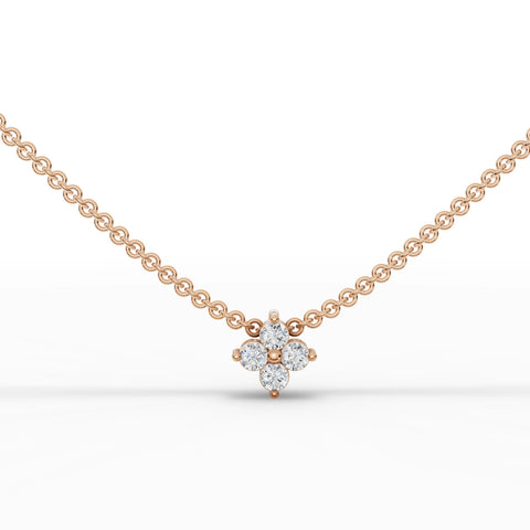Floral cluster pendant featuring four round brilliant lab-grown diamonds, set in 18k rose gold on a fine gauge chain.