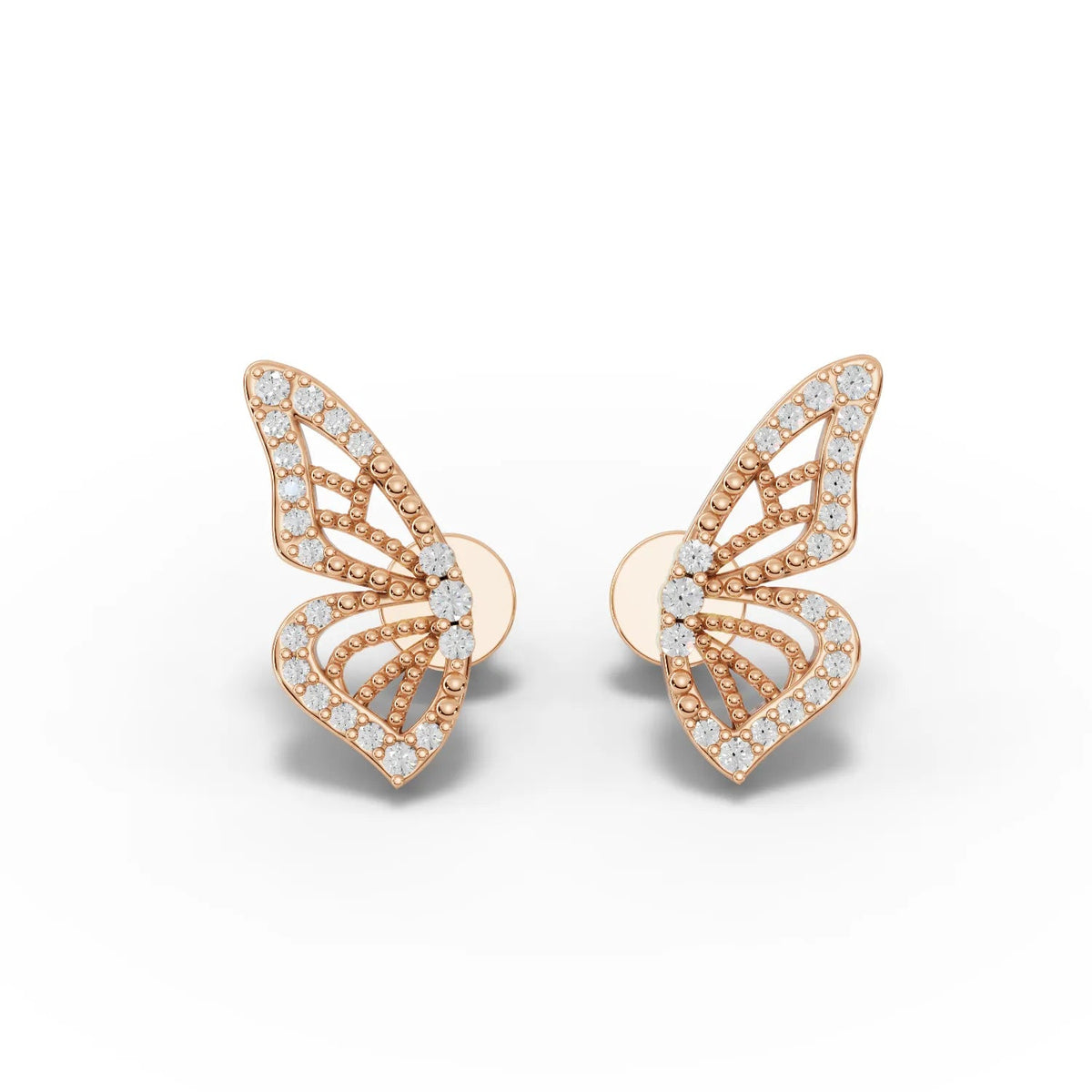 Round butterfly earrings crafted in 18k gold, featuring an open lattice design and set with small lab-grown diamonds.