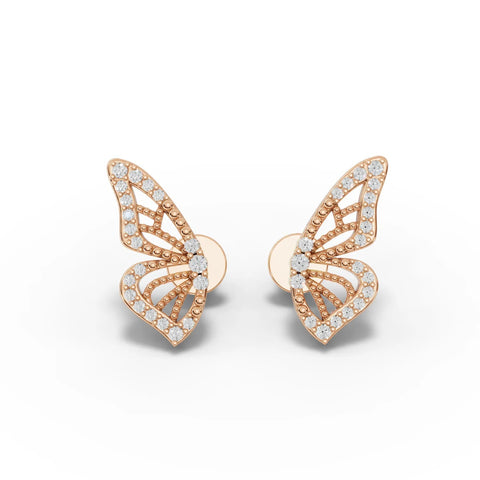 Round butterfly earrings crafted in 18k gold, featuring an open lattice design and set with small lab-grown diamonds.