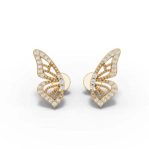 18k gold butterfly earrings featuring 0.15 Ct round lab grown diamonds in an open lattice design, showcasing elegant symmetry.