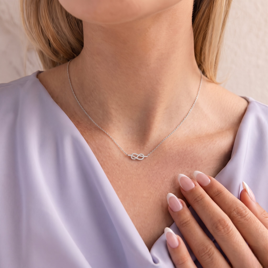 0.19 CT Round Infinity Pavé Lab Grown Diamond Pendant, worn on the neck